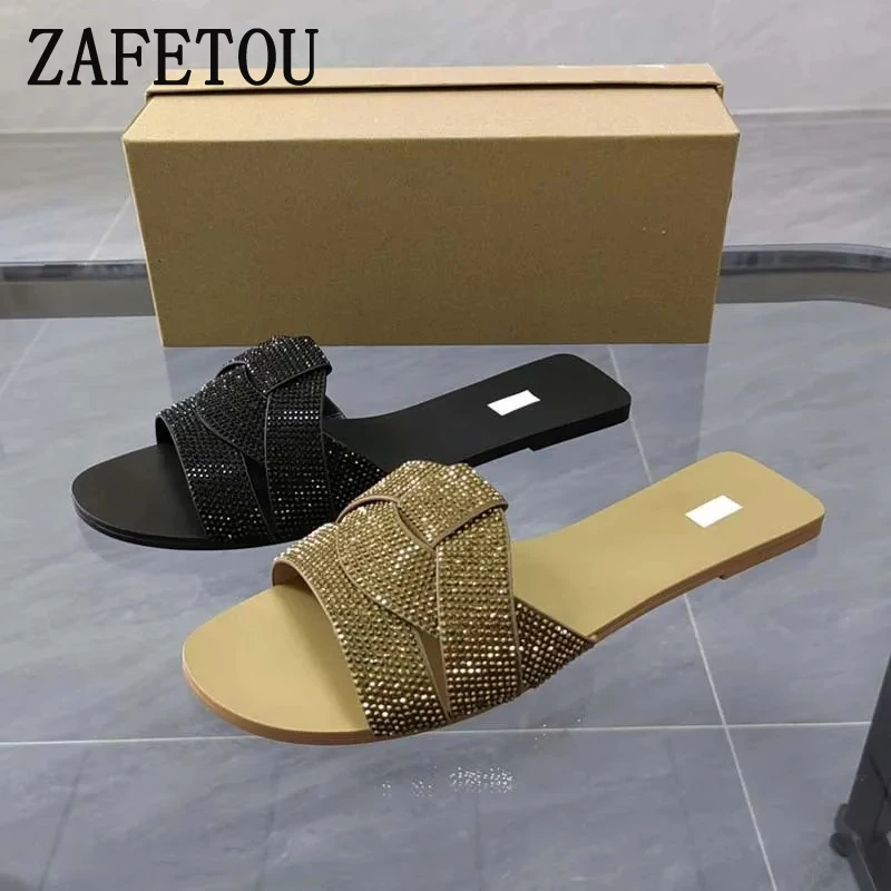 Zafetou Shoes Women 2024 Summer New Products Round Head With Exposed Toes Wearing Slippers Shiny Diamond Flat Women's Sandals