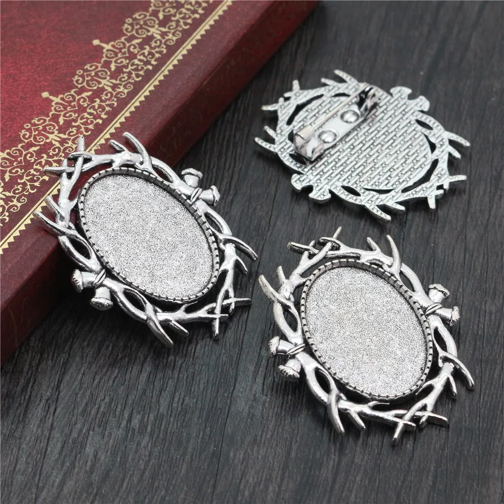 5pcs 18x25mm Inner Size Antique Silver Plated Bronze Black Brooch Pin Classic Style Cameo Cabochon Base Setting DIY Jewelry