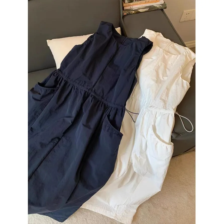 Summer New Style Women's Loose Vest Dress Korean Version Casual Design Drawstring Waist Gathered Skirt Sleeveless Dress