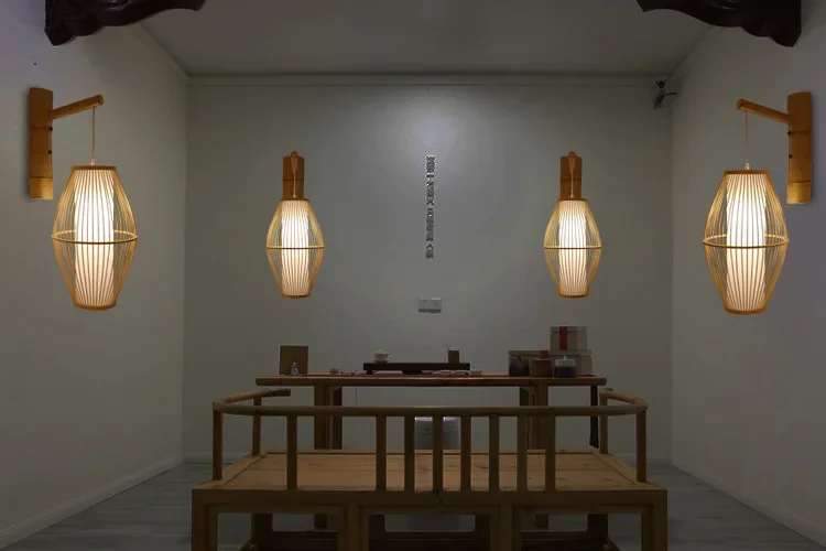 Japanese Living Room Wall Lamp Bedroom Wood Light Tea Shop Bamboo Rattan Wicker Lantern Oriental Shade