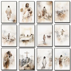 Watercolor Jesus Walking on Water Poster Jesus with Children Lamb Picture,canvas Painting Christian Wall Art Christ Home Decor
