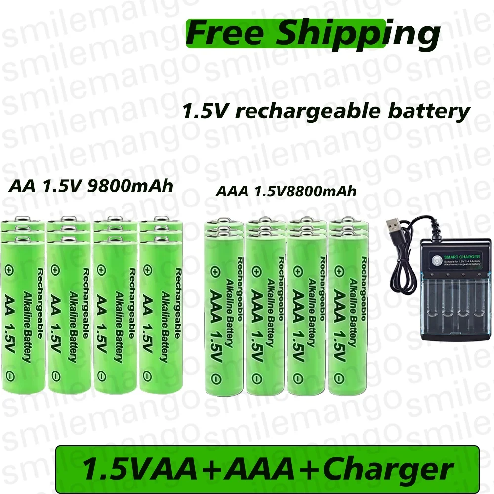 Image of Original wiederaufladbarer Akku 1,5 V AA 9800 mAh + AAA 8800 mAh + Ladegerät für Computer, Radiowecker, Videospiel, Digitalkamera, AA AAA