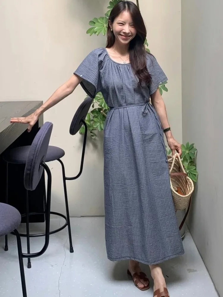 Retro Lazy Sle Pleated Stripe ort Sve Dr Women's Summer New Double ket Long Skirt Commute Polyester Fiber Dr