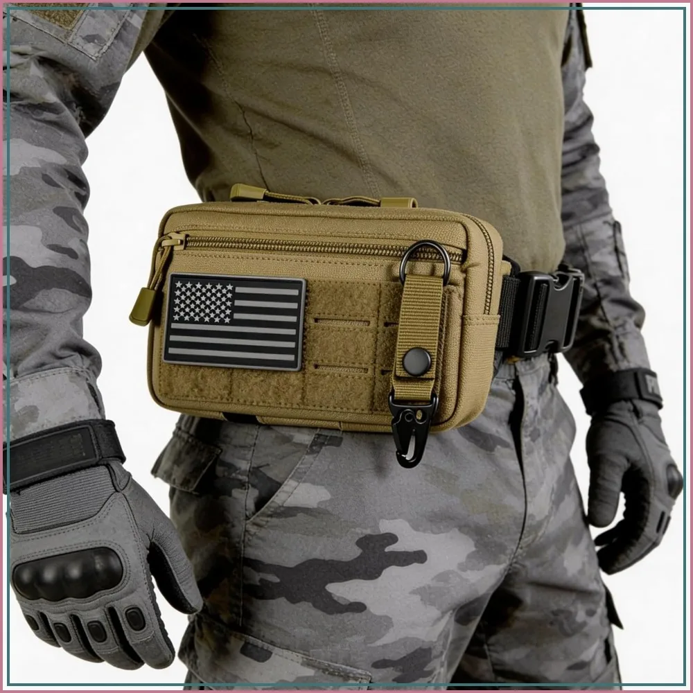 

Tactical Molle Pouch, EDC Utility Pouch with Belt & D Ring, US Flag Patch, Laser Cut