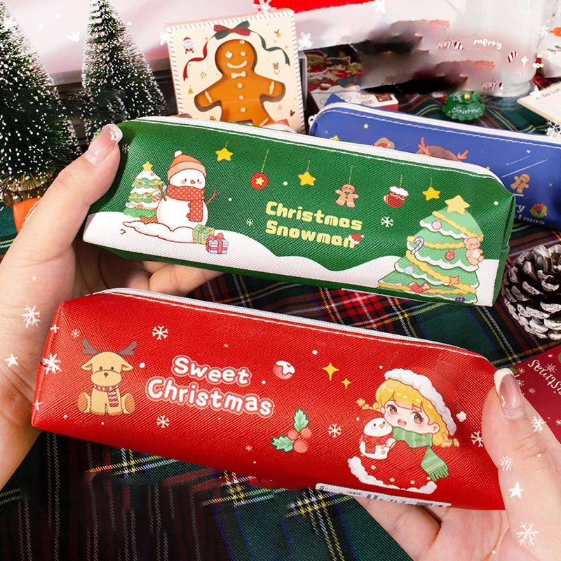 Christmas Cartoon PU Leather Pencil Bag Cute Christmas Gift Pencil Case School Stationery Storage Bag School Supplies