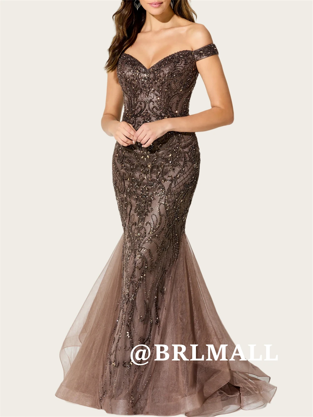 

BRLMALL Stone Accent Prom Dress for Women Off the Shoulder Shawl Sleeves Mermaid Evening Dresses All Over Beading Party Gown