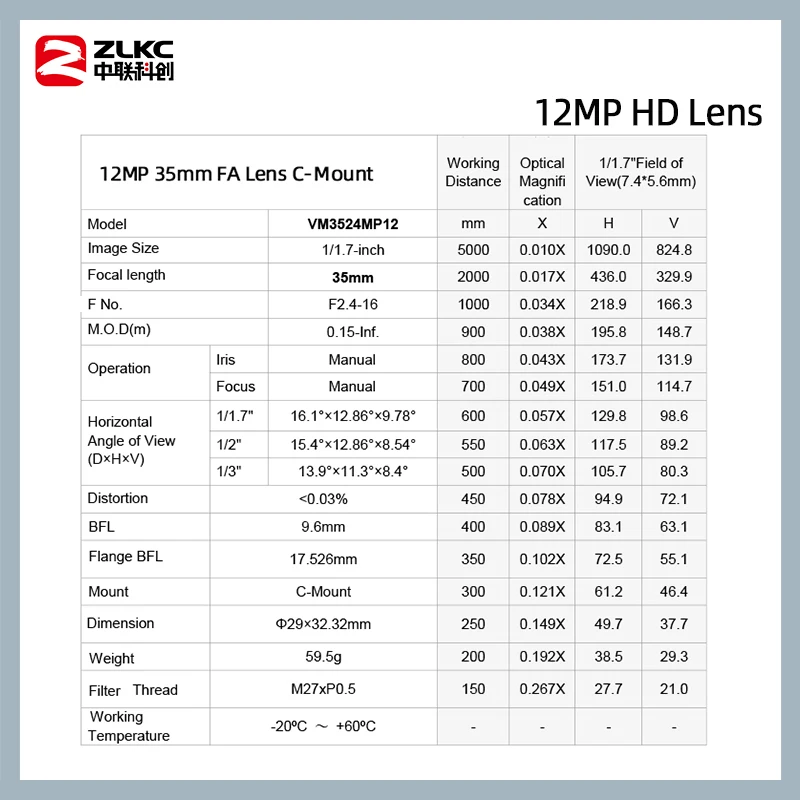 ZLKC FA عدسة ماكرو عالية الدقة ، أجزاء الدوائر التلفزيونية المغلقة للكاميرا جبل C ، آلة الرؤية المنخفضة ، F2.4 ، 35 مللي متر ، 12MP ، 1.7"