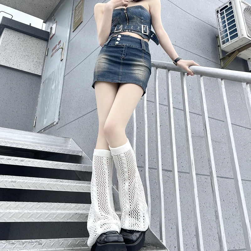 

Summer Japanese Hot Girl Knee Sleeve Warm Leg Cover Harajuku White Hollowed Out Knitted Wide Leg Horn 3 Colors