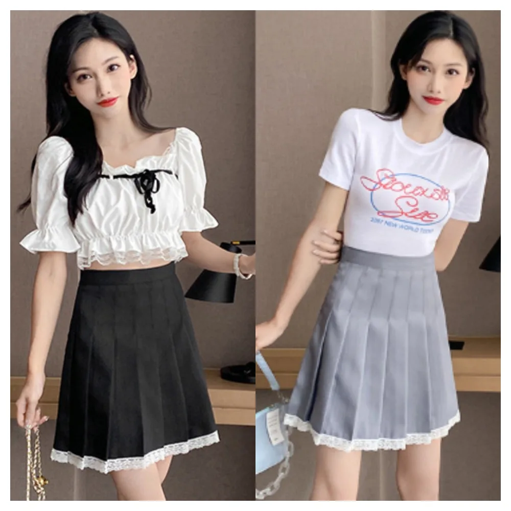 A-line High Waist Pleated Mini Skirt Solid color Y2k Women's School Short Skirt Oversized Preppy Style Lace Pleated Skirts