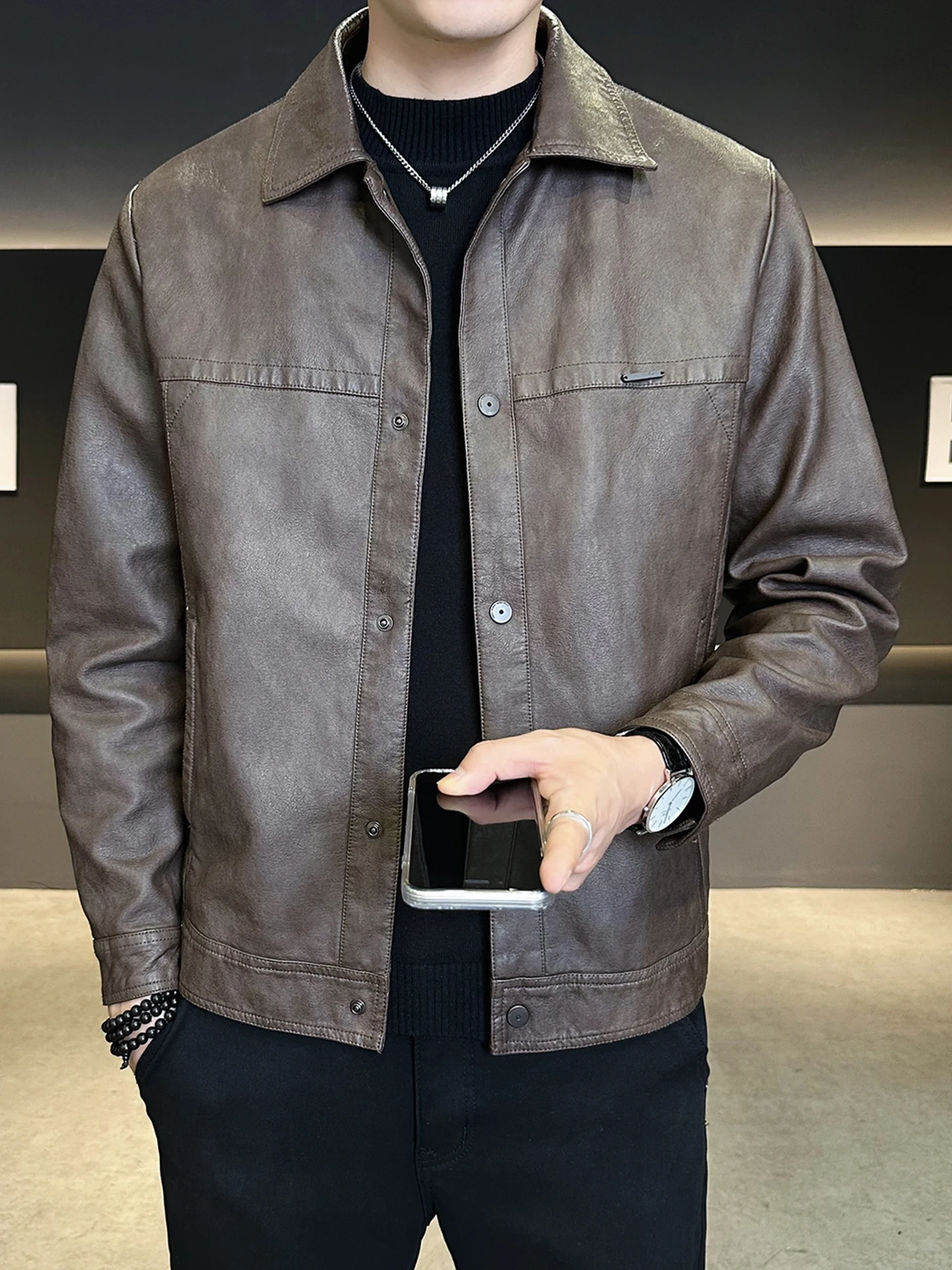 

Men's Fce Lined Biker Jaet ort Thi Warm Leather Coat Autumn Winter New Faion High End Brand Youthful Energy Sle