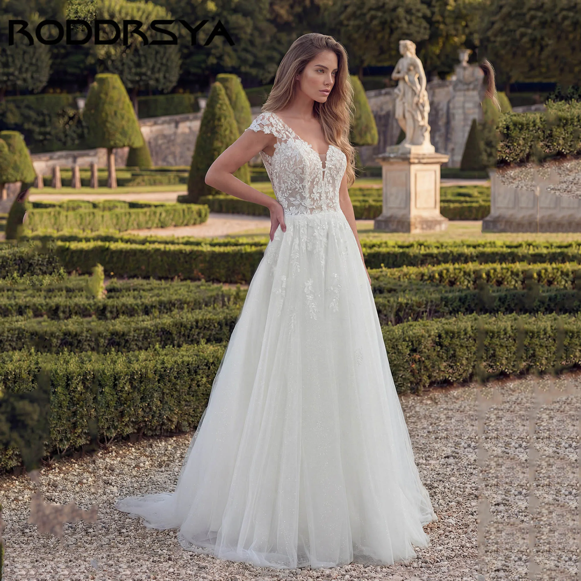 

RODDRSY V-neck Cap Sleeves Wedding Dress 2026 A-line Backless Tulle Appliques Bridal Gowns Classic vestidos de novia Customized
