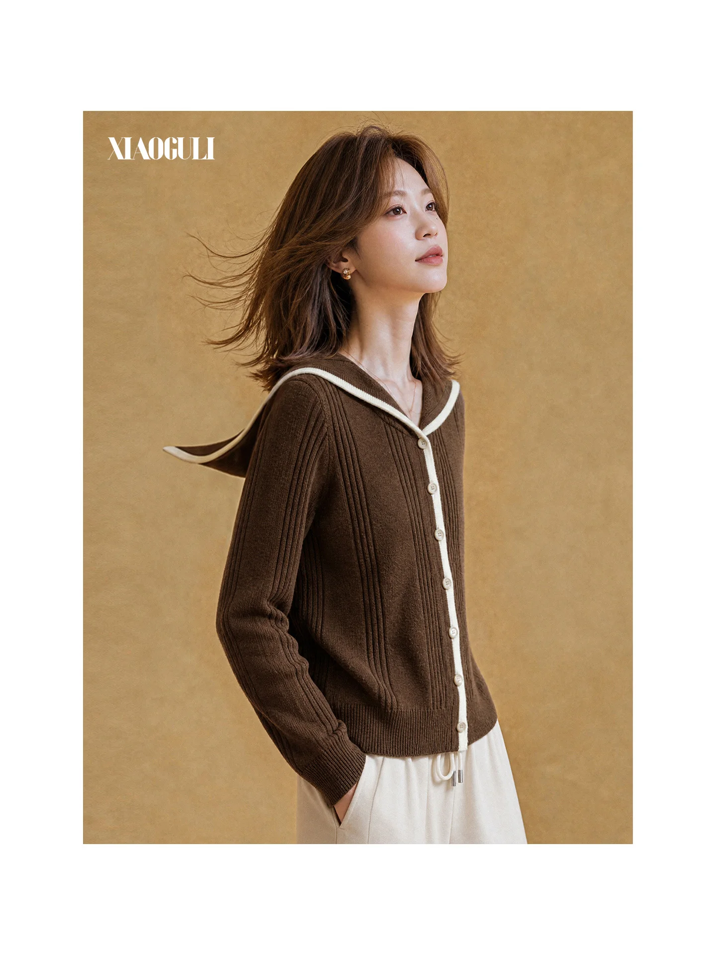 XIAOGULI 2026 Autumn Sweater Women Sailor Collar Knit Cardigan Long Sleeve Knit Outerwear Relaxed Korean Style Daily Outfit