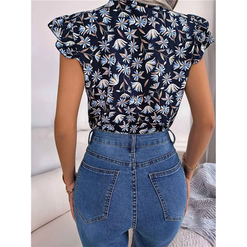 

Women's Ruffle Short Sleeve Summer 2025 Trendy Floral Trim Neck Casual Dressy Chiffon Boho Blouses Shirts