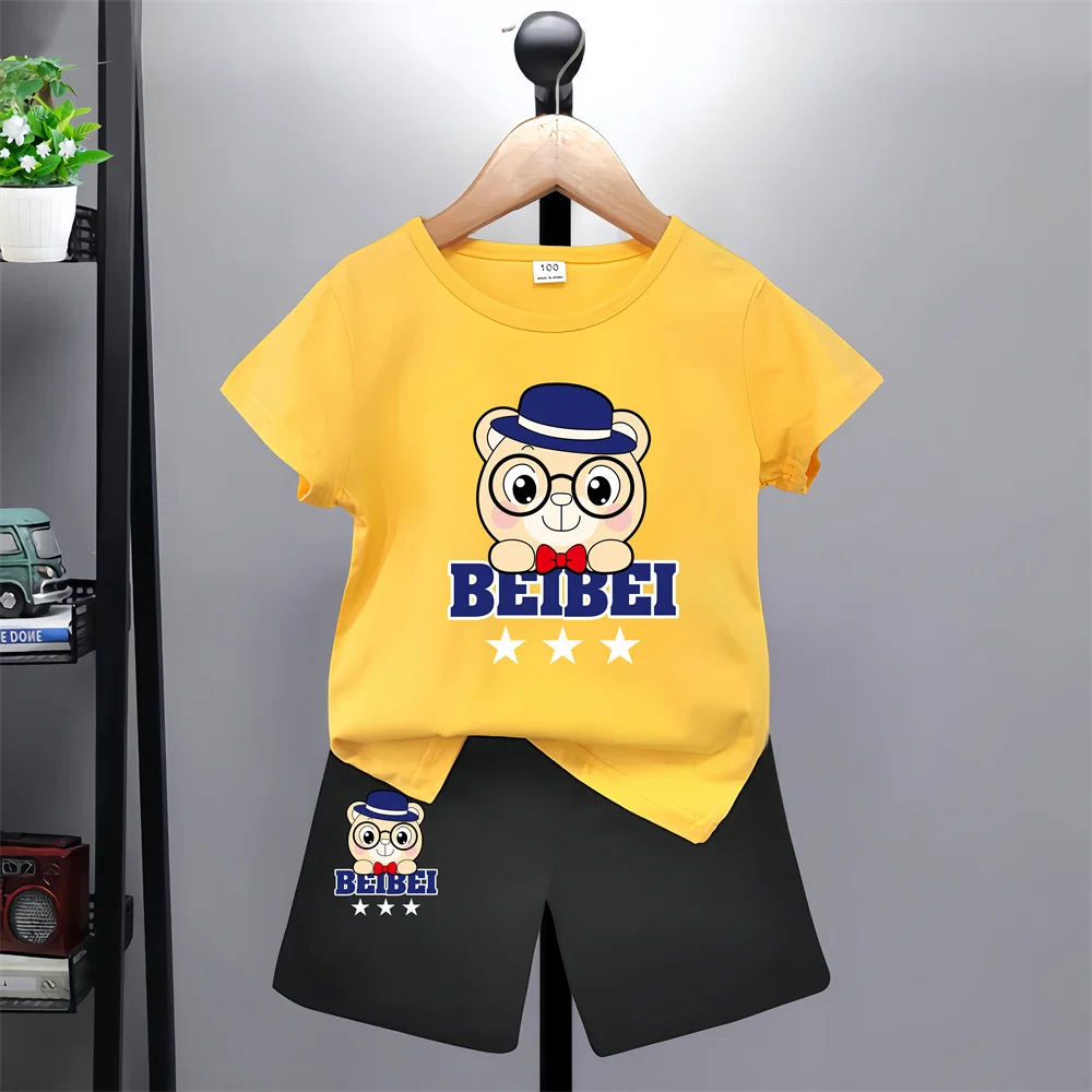 Bear pattern kids T-shirt Pants Kawaii T-shirt Anime Cartoon Kids Casual Clothing 2-piece set Kids Girls Boys Fashion Y2K