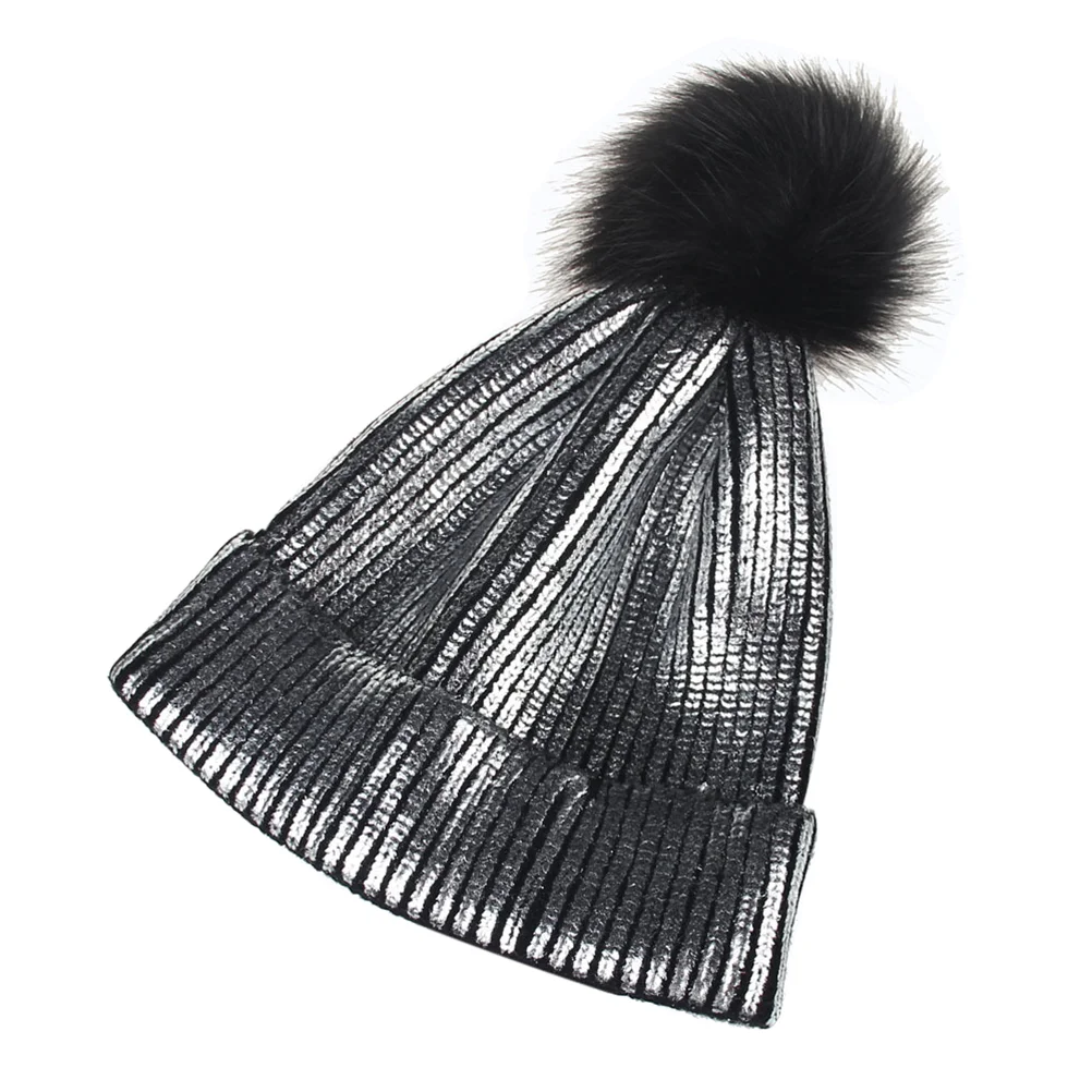 and Fall Chic Beanie Metallic Shiny Beanie Skull Pom Pom Hats for Women (Silver) beanie hats fashion beanie hat