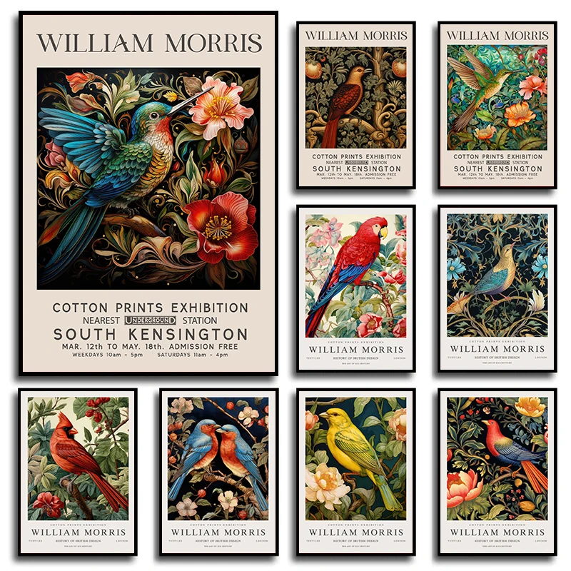 Vintage William Morris Bird Exhibition Poster and Prints Canvas Painting Wall Art Hummingbird Picture for Living Room Home Decor