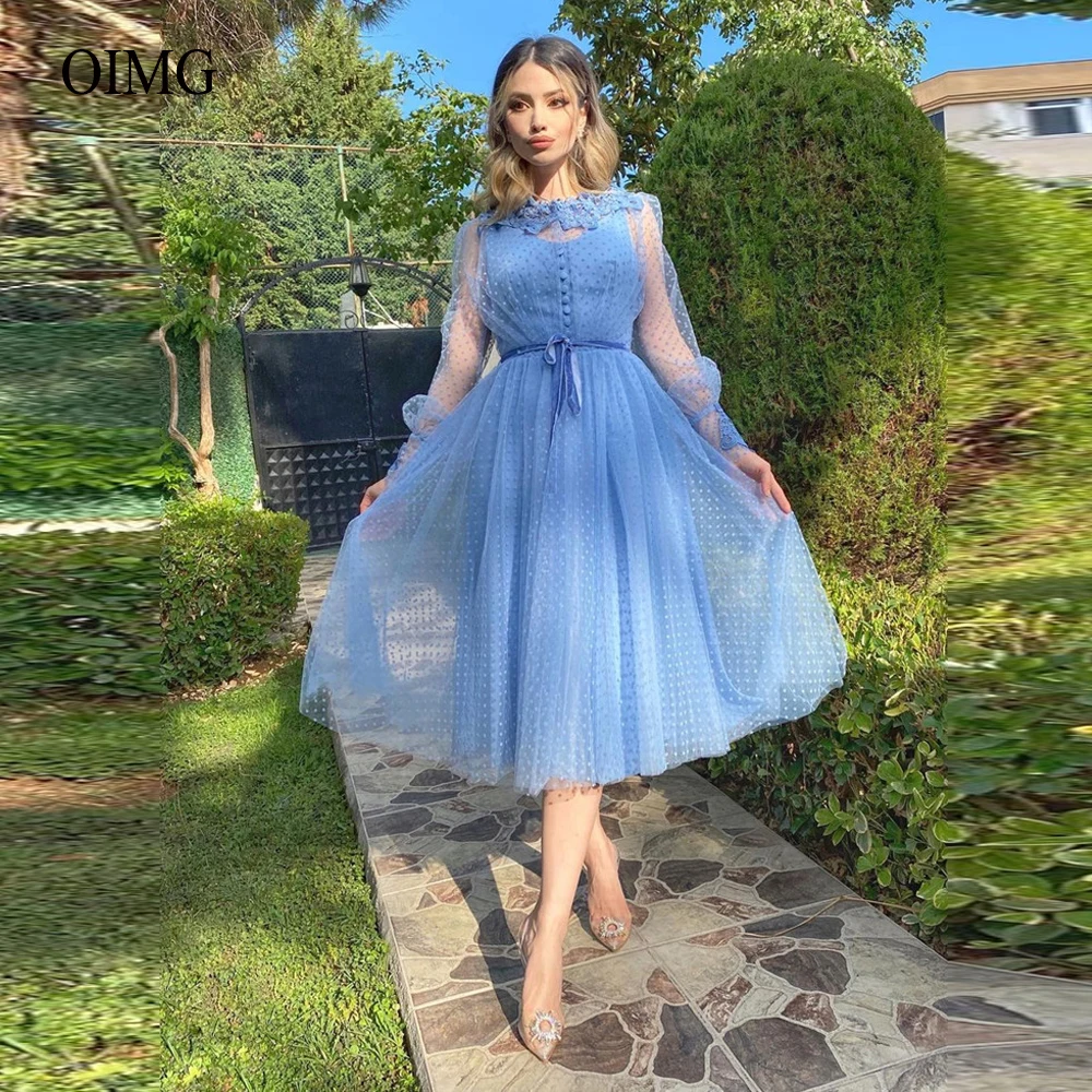 

Vintage Light Blue Lace Dotted Tulle Prom Dresses Long Sleeves Jewel Knee Length Formal Party Gown Pink/Gold Prom Dress