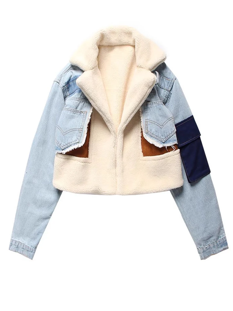 

STUDIO Women's Denim Patchwork ort Jaet Heavy-Look Frayed Fake Two-Piece Lamb Fur Top Cotton Mechanized Sle