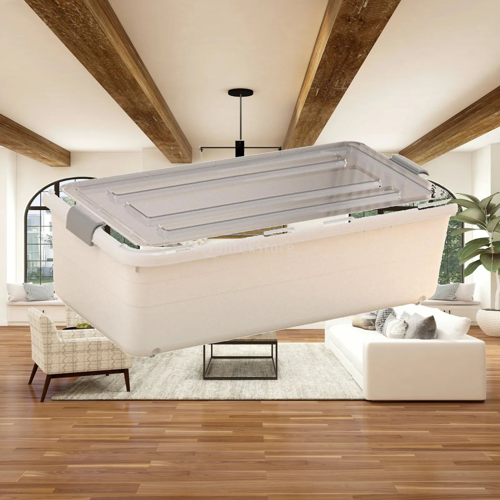 Rangement sous lit à roulettes grande capacité, multi-usage, robuste avec couvercle à loquet et 4 roues pour vêtements et chaussures