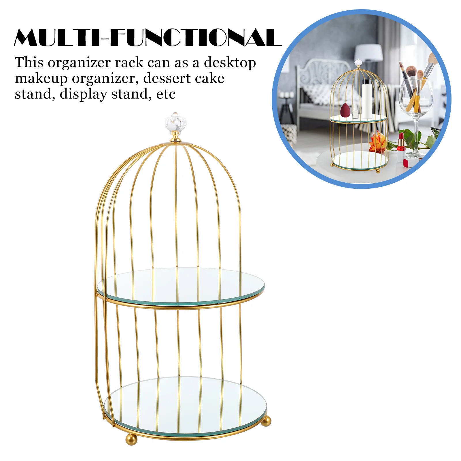 

Elegant Gold Metal Bird Cage Makeup Display Tray Jewelry Holder Rack for Dresser Vanity Organizer Storage and Dessert