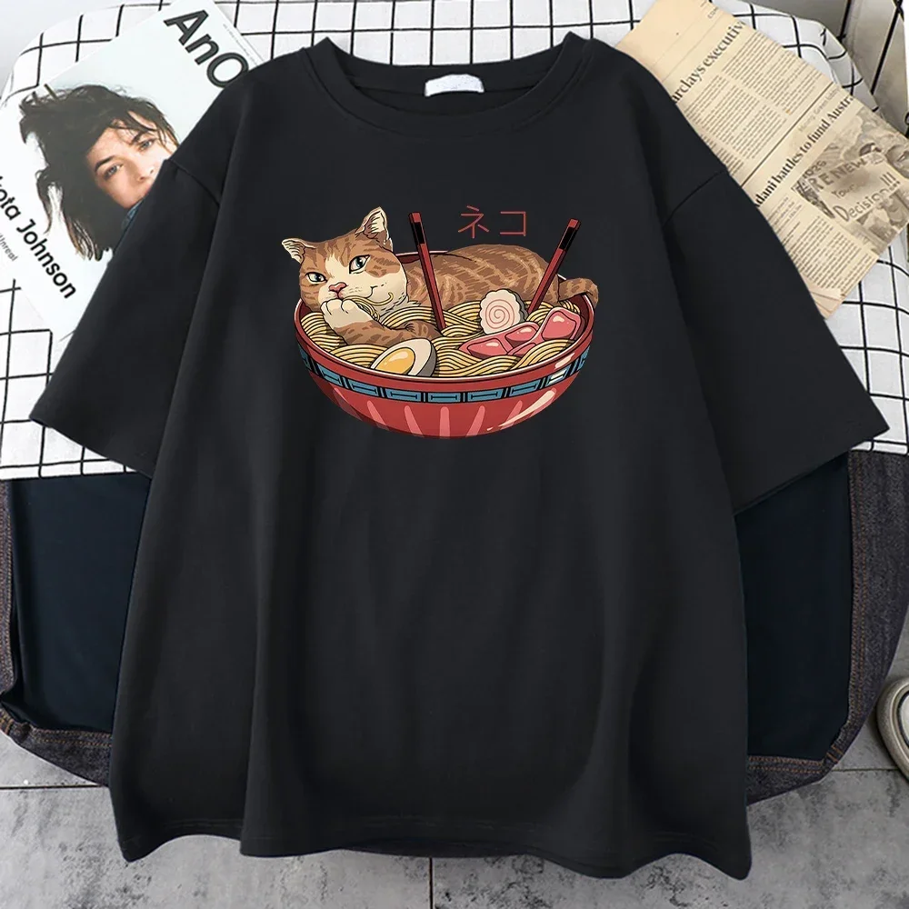 Camiseta con estampado de gatos como fideos para mujer, ropa informal Harajuku con cuello redondo, camisetas transpirables de matemáticas para mujer