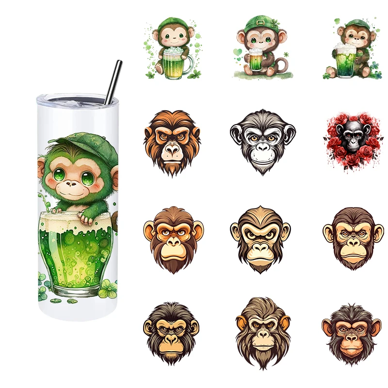 LETOP 1PCS Monkey Head Decoration 20oz Decal Dtf Custom Transfers Stickers Uv Dtf Beer Monkey Uv Dtf Stickers Wholesale