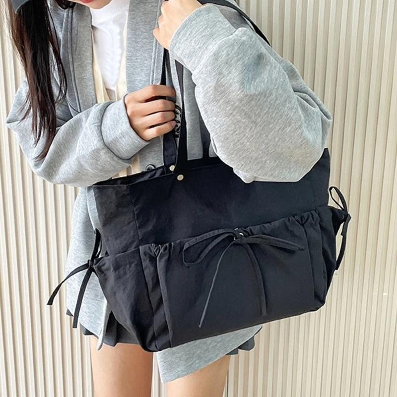 

Lightweight Casual Nylon Shoulder Bag Unique Bow Design Travel Tote Bag Solid Color Large Capacity Women's Pleated Underarm Bag