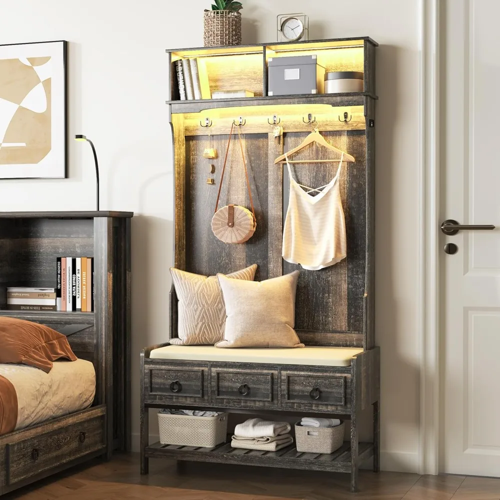 "مقعد مدخل على طراز المزرعة مقاس 67 بوصة مع مساحة تخزين للأحذية، ورف معطف خشبي بمستشعر تلقائي، وإضاءة LED"