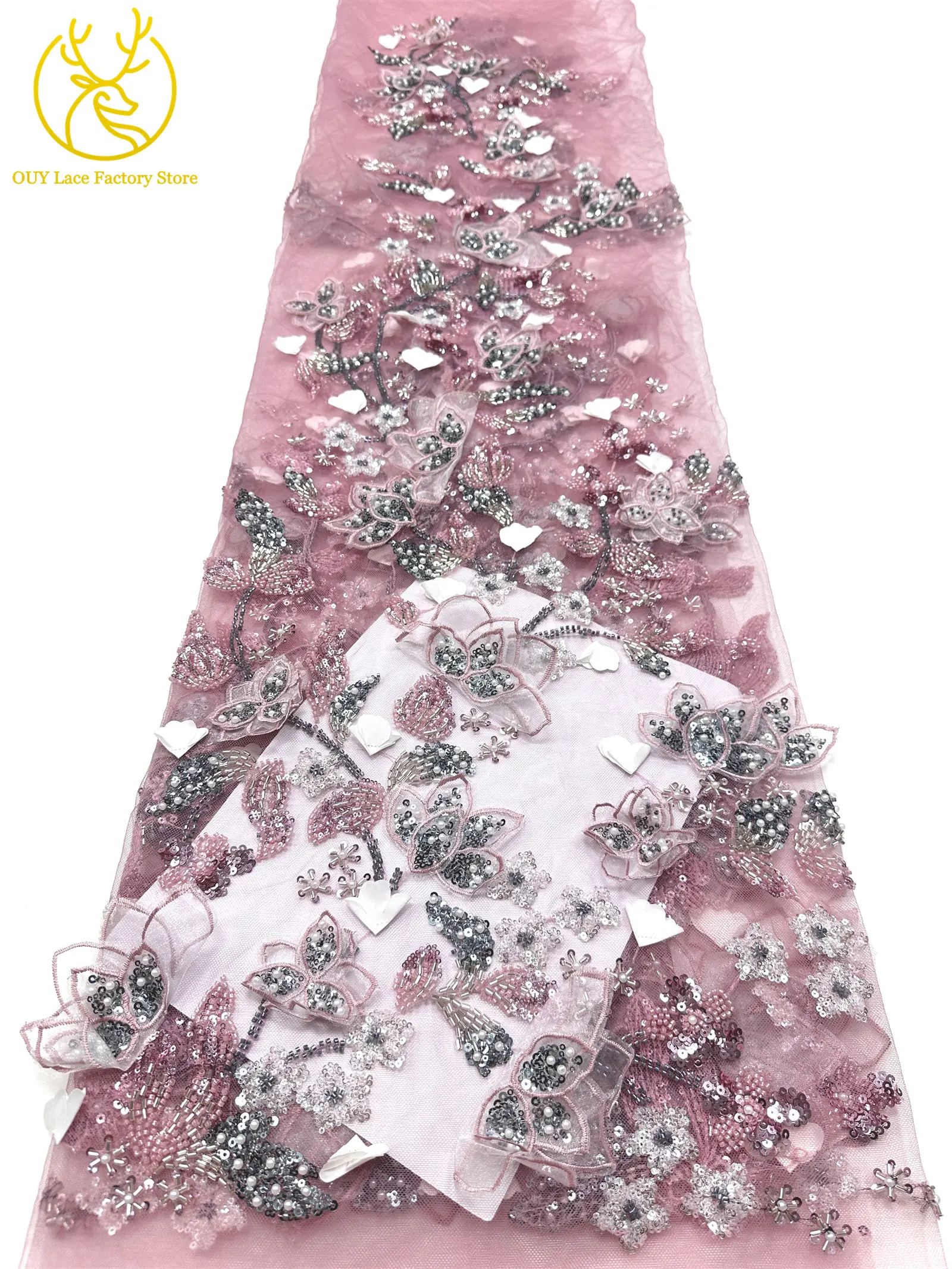 5 Yards afrikanischer 3D-Blumen-Spitzenstoff mit Perlen, 2026, hochwertiger französischer nigerianischer Stickerei-Tüllstoff zum Nähen von Hochzeitskleidern – Detail 16