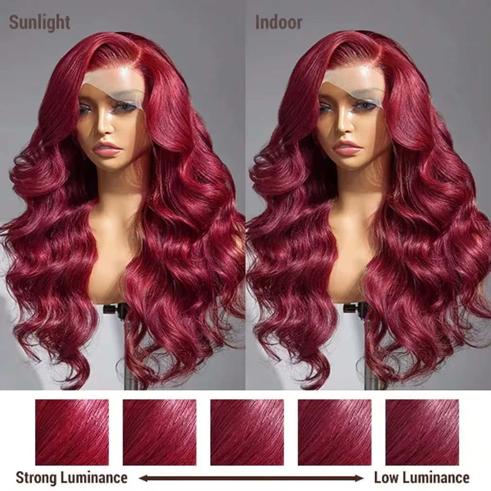 99J Burgundy Lace Front Wigs Human Hair 13x4 HD Transparent Body Wave Lace Front Wigs Straight Body Deep Wave Lace Front Wig Wine Red Human Hair Pre Plucked Dark Red Human Hair Lace Wig for Women image 8