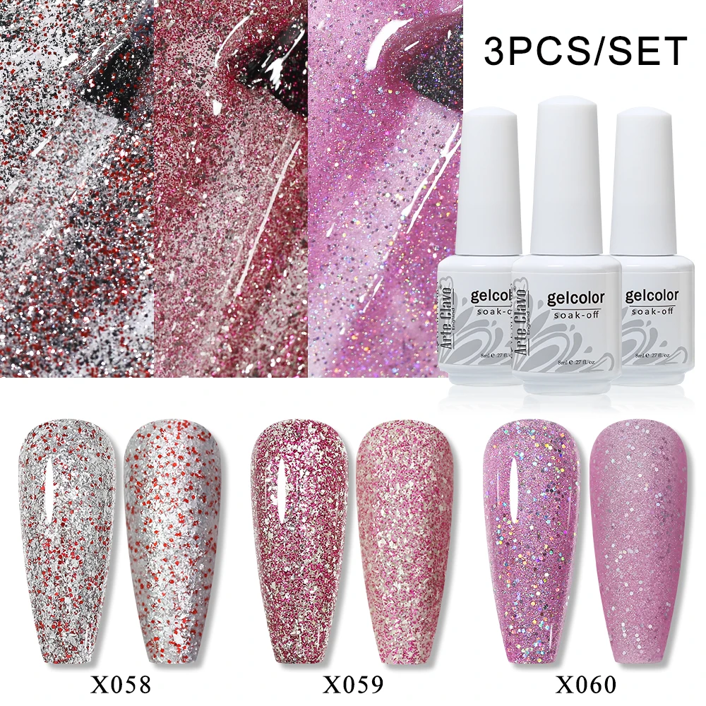 

Arte Clavo 3Pcs Set 8ml Hema Free High Glossy Diamond Gel Nail Polish Shiny Glitter Varnish Semi Permanent Soak Off UV LED Gel