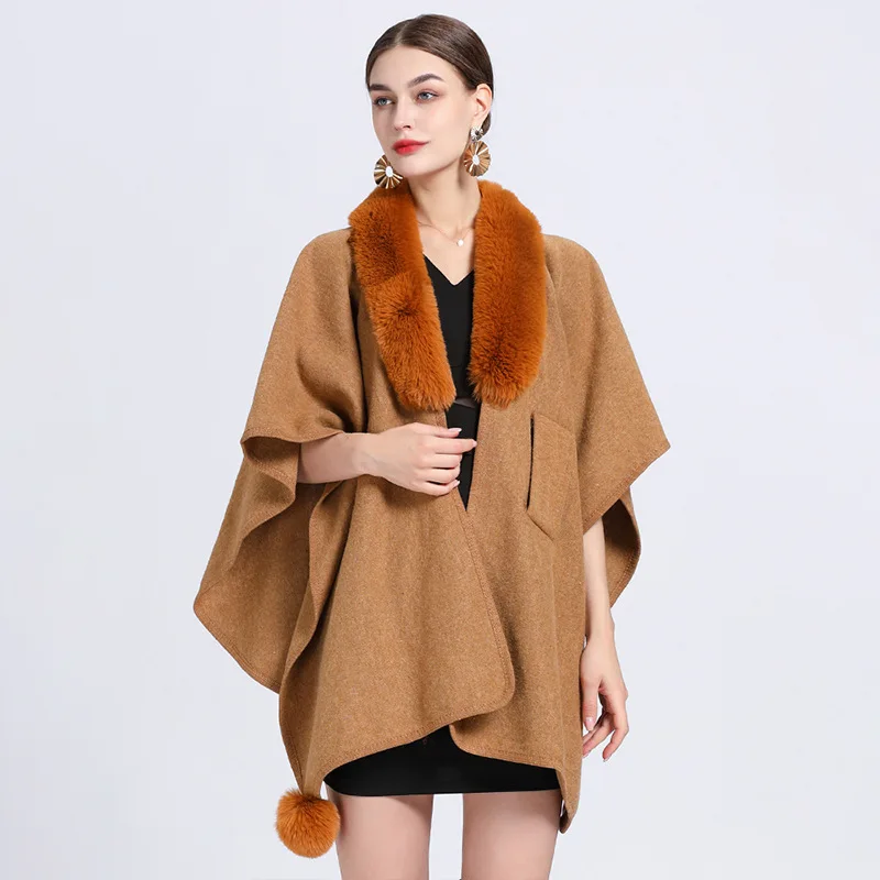 

Autumn Winter New Imitation Otter Rabbit Fur Collar Cape Large Knitted Cardigan Coat Ponchos Women Capes Yellow Cloak