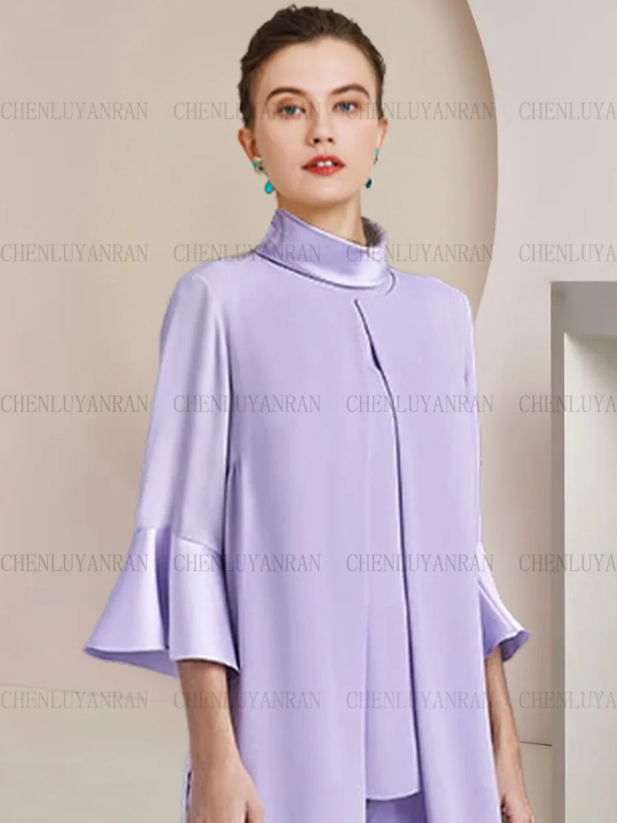 Lilac Chiffon Mother of the Bride Dresses 3 Pieces Simple Wedding Guest Gowns Floor-Length Elegant Dress Women For Wedding Party