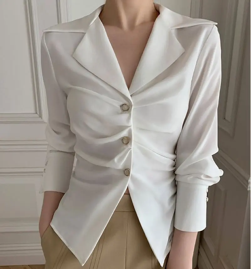 Women\'s White Blouse Spring New 2024 V-neck Solid Color Temperament Fashion Bottom shirt Office Lady Tops Female Clothes