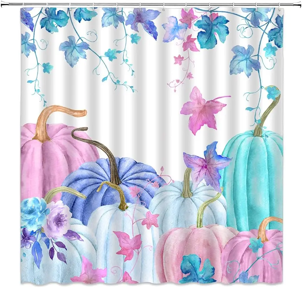 Fall Pumpkin Shower Curtain Watercolor Pumpkin with Leaves Harves Thanksgiving Colorful Autumn Rustic Farmhouse Holiday Blue