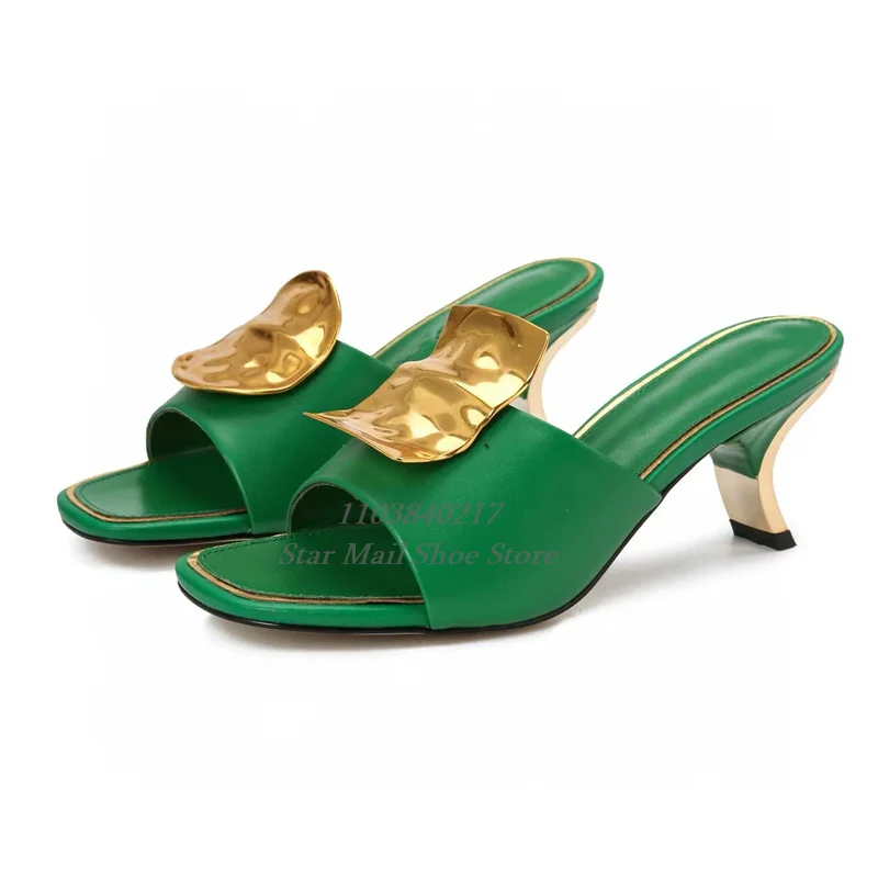 Sexy Peep Toe Square Toe Women Slippers Metal Decorated Strange Style Medium Heel Slippers Novel Street Women Slingback Sandals