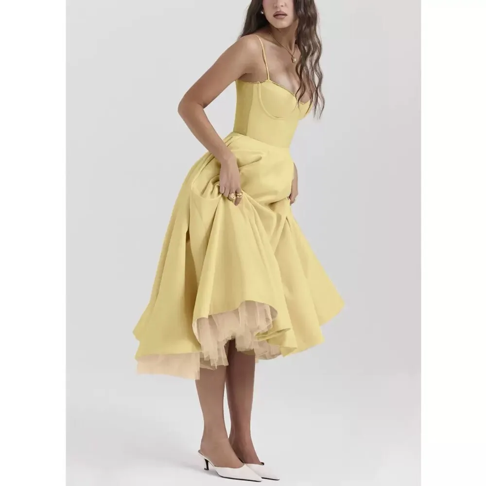 

2024 Summer New Women's Fashion Double Layer Lace Strap Sexy Slim Fit Ruffle Dress