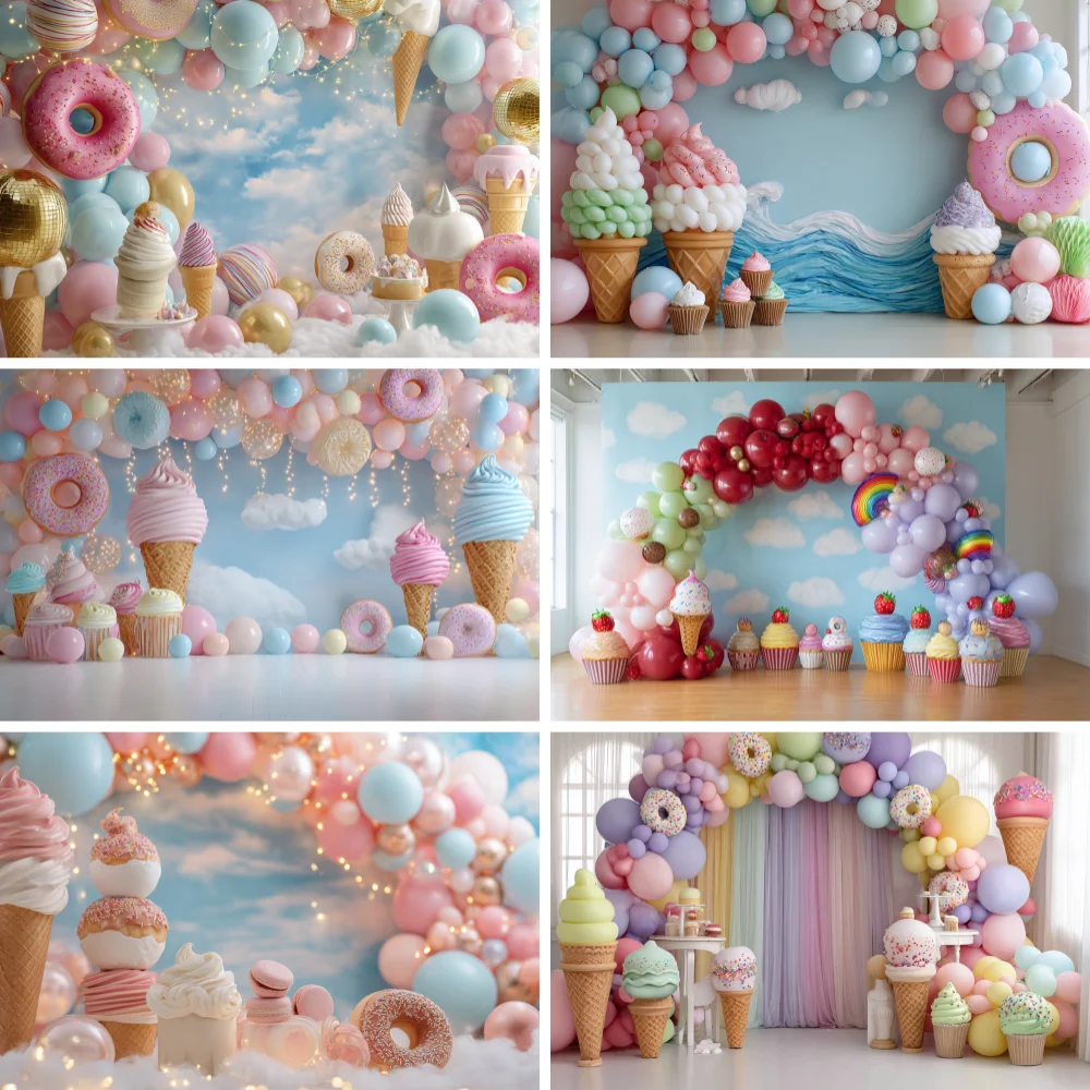 

Cute Ice Cream Cake Background Decor Girl Birthday Portrait Colorful Balloons Donut Cake Newborn 1st Birthday Party Backdrop