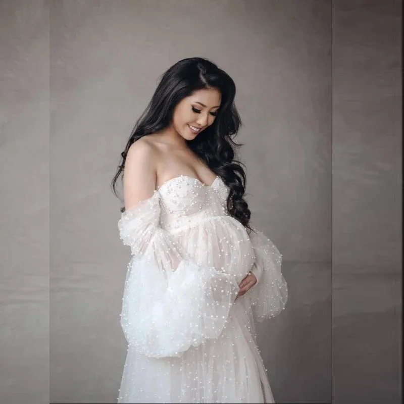 Women's Pearl Tulle Maternity Dress for Photoshoot Long Puffy Sleeve Off Shoulder Baby shower Bridal Pregnancy Gowns