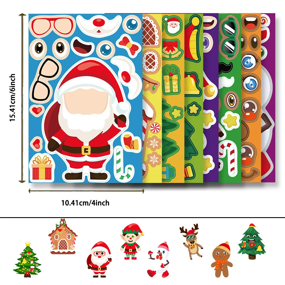 8 pezzi adesivi puzzle natalizi cartoni animati per bambini Babbo Natale pupazzo di neve adesivi per albero di Natale decorazione per feste fai da te assemblare adesivi impermeabili