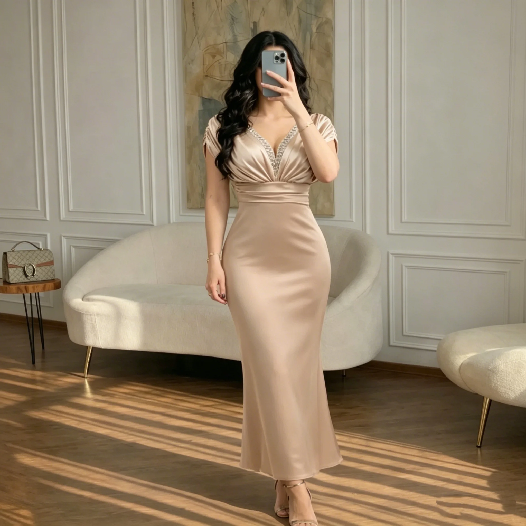

Customized Luxurious Elegant Evening Dresses Sheath V Neck Satin Ankle Length Beads Pleats RhinestonParty Prom Formal Dresses