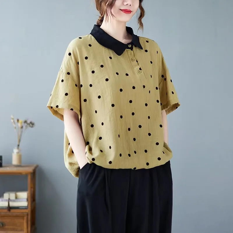 Estate New Sle Loose Casual Polka Dot Design Colletto rovesciato ort Sve Donna irt Versione coreana di grandi dimensioni