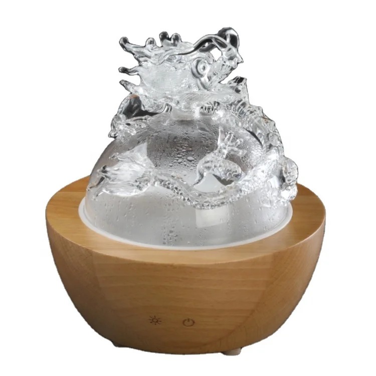 Dragon Glass Humidifier Air Diffuser 300ml Water Aroma Diffuser Wood Base Purifier Handicraft Glass Aerosol Spray