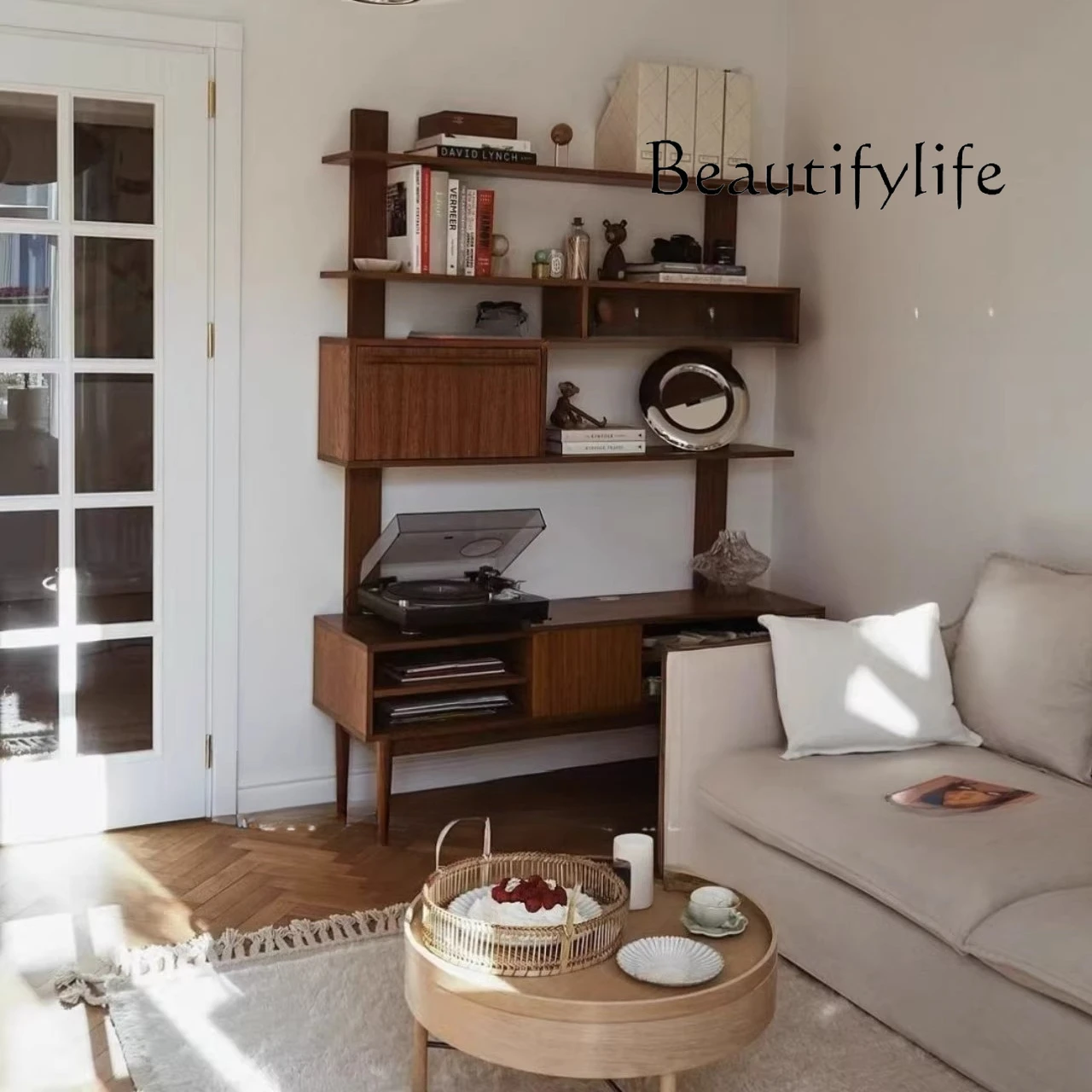 

Medieval style solid wood bookshelf shelf living room against the wall integrated storage locker retro style display bookcase