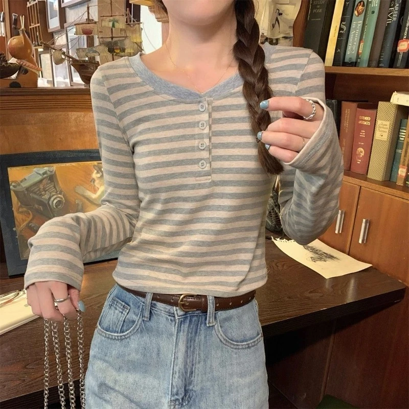 

Vintage Korean Style Stripe Round Neck Button Long Sleeve T Shirt Women's Autumn 100 Pure Cotton Slim Fit Versatile Inner Top