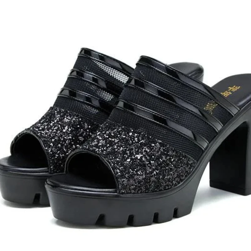 2025 10 سنتيمتر ashion الأحذية النعال المرأة الصيف المفتوحة تو منصة الدانتيل الأسود عالية الكعب اللمحة تو حذاء بكعب سميك الصنادل الحفلات 32 43 #5