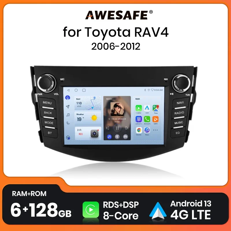 AWESAFE Android 13 Auto Radio for Toyota RAV4 2006 2007 2008 - 2012 Wireless CarPlay Multimedia Screen stereo GPS 2din DSP RDS