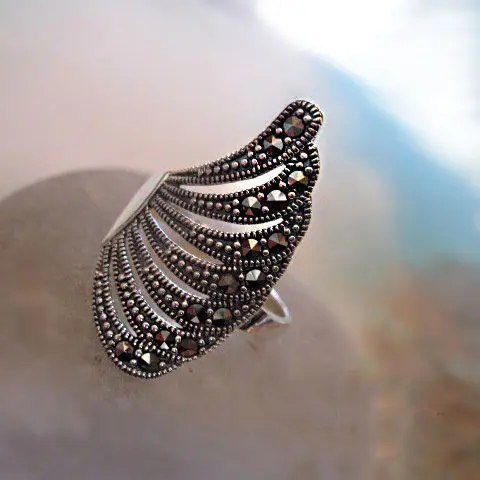 Handmade S925 Sterling Silver Ornament Vintage Thai Silver Marcasite Fresh Exaggerated Women's Ring Rings Phoenix Dance Ring