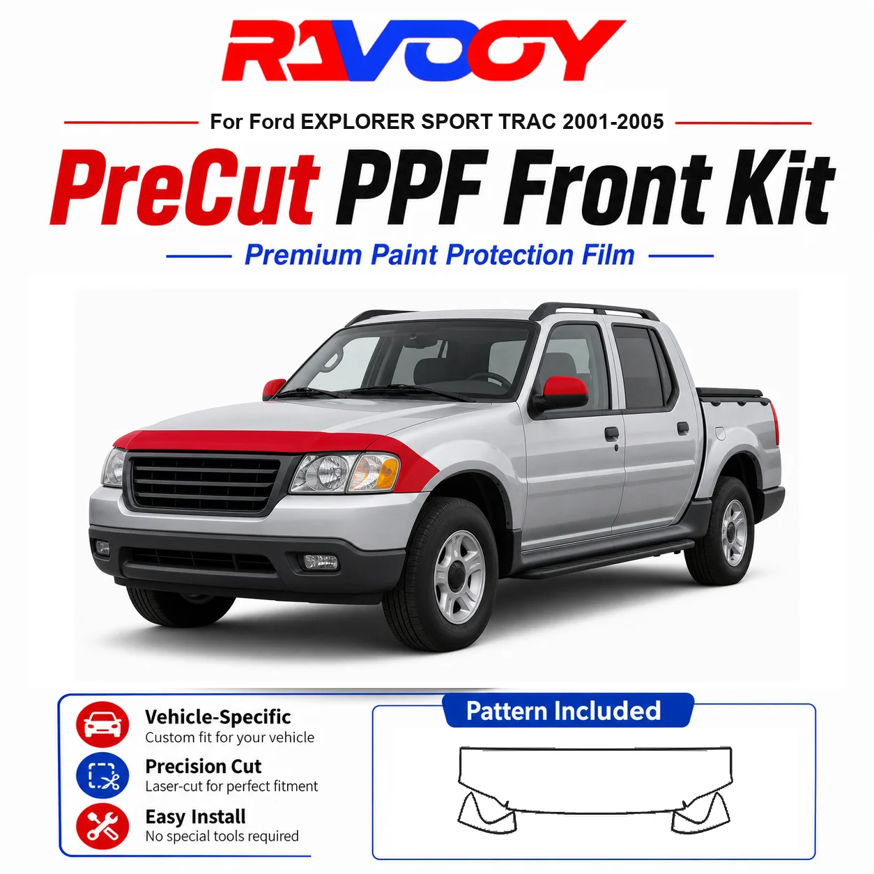 

8.5mil TPU Precut PPF Kit For Ford EXPLORER SPORT TRAC 2001-2005 - Hood, Fenders & Mirror Set - Self-Healing Clear Bra Film
