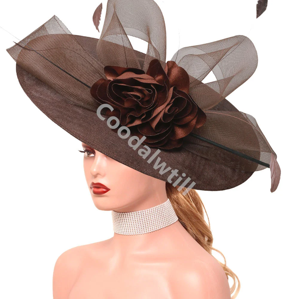 

Brown Flower Big Fascinator Hat Women Derby Wedding Flower Ladies Headpiece Cocktail Party Dinner Millinery Cap For Cocktail